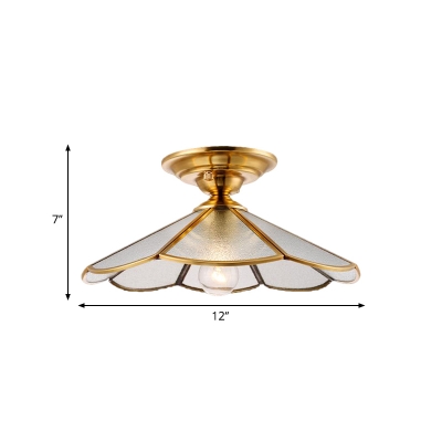 Brass 1 Light Ceiling Lamp Colonialism Bevel Frosted Glass Scalloped Flush Mount Ceiling Light for Porch, 12