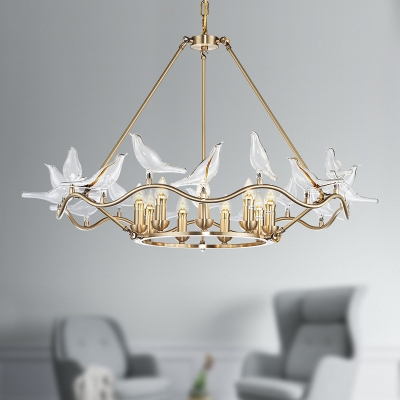 Brass Circle Chandelier Light Postmodern 9 Heads Metal Hanging Lamp Kit with Clear Glass Bird Decoration