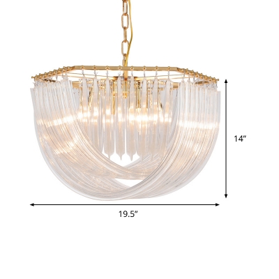 Brass Dome Chandelier Light Simple Style 4/6 Heads Curved Prism Glass Strip Hanging Lamp, 19.5