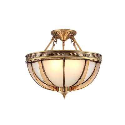 Colonial Dome Ceiling Mount Light Fixture 3/4 Bulbs Opaque Glass Semi Flush Chandelier in Brass, 16.5