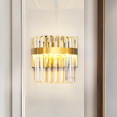 Demilune Cylinder Wall Light Sconce Contemporary Crystal Prism 2 Heads Wall Mounted Lighting in Gold