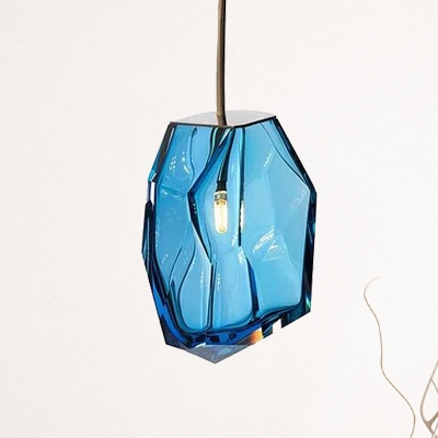 Faceted Blue Glass Hanging Lamp Kit Simple Style 1 Light Pendant Lighting Fixture