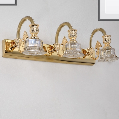Golden Curved Vanity Lighting Modern 2/3/4 Heads Metal Wall Lamp with Clear Crystal Bell Shade, 12.5