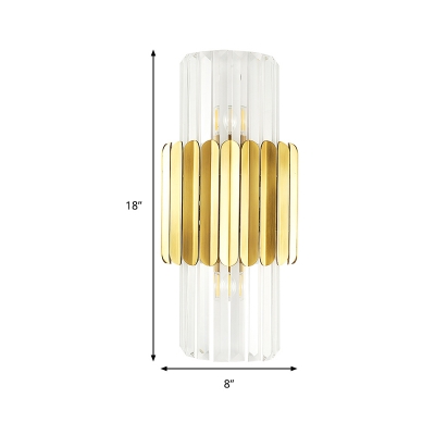 Modern Cylinder Wall Mount Lamp Clear Crystal 2 Heads Bedroom Wall Lighting Fixture in Gold