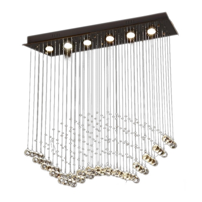 Nickel Droplet Flushmount Modern 6 Bulbs Crystal Ceiling Mounted Light with Rectangle Canopy