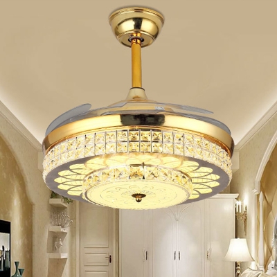 Silver/Gold Carved Semi Flush Fan Light Simple 4-Blade Faceted Glass Downrod LED Ceiling Lamp with Remote Control/Wall Control/Frequency Conversion
