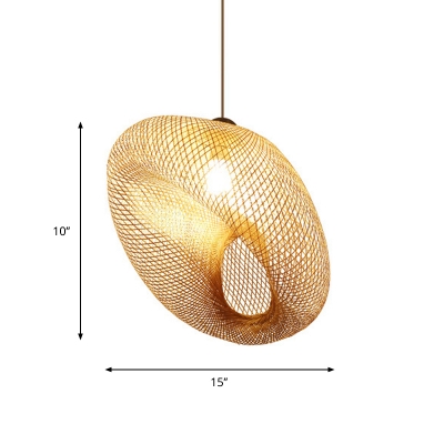 Single Light Handwoven Hanging Lamp Asian Style Height Adjustable Bamboo Ceiling Pendant Light