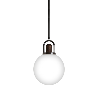 White Glass Sphere Pendant Light Fixture Modern 1 Head Black Hanging Lamp Kit with Wood Cap, 6