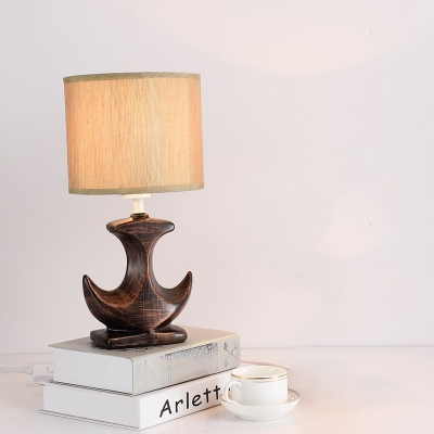 White/Tan Cylinder Desk Lamp Classic Fabric 1 Bulb Table Light with Ceramic Sailboat Base