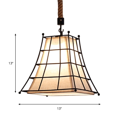 Wire Frame Flared Hanging Lamp with Fabric Shade 1 Light Rustic Suspension Light in Black