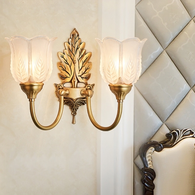 1/2-Bulb Wall Sconce Lamp Vintage Style Flower Opal Glass Wall Light Fixture with Golden Leaf Backplate