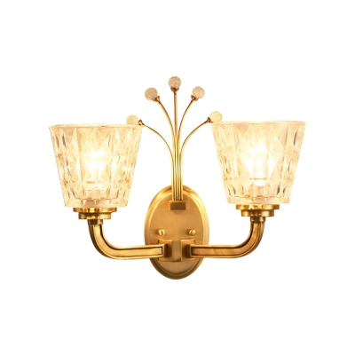 1/2-Light Tapered Wall Lighting Fixture Modernism Flush Wall Sconce with Clear Glass Shade and Crystal in Brass Finish