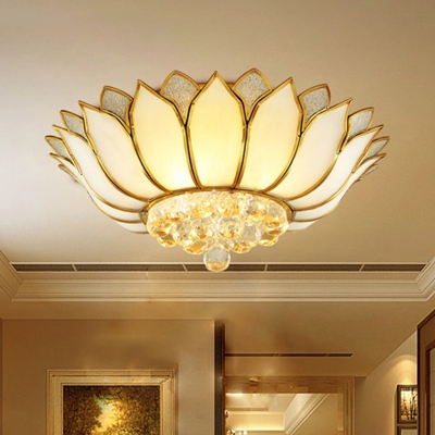4/6 Lights Living Room Flush Mount Traditional Gold Ceiling Lamp with White Lotus Glass Shade and Crystal Drop