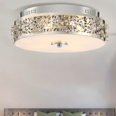 4 Lights Drum Flush Mount Simple Style Silver Crystal Ceiling Light Fixture for Living Room