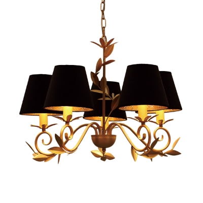 5 Lights Pendant Lamp Country Tapered Fabric Chandelier Light Fixture in Black for Dining Room