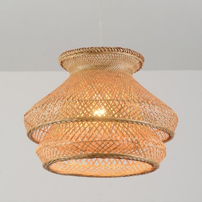 Bamboo 2 Tiers Hanging Lamp 1 Light Asian Woven Living Room Pendant Lighting in Wood