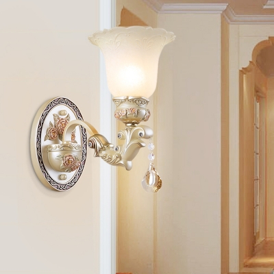Beige Glass Floral Shape Wall Mounted Light Traditional 1/2 Lights Living Room Sconce Ligh