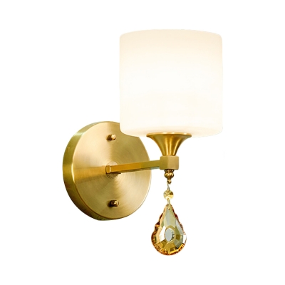 Brass 1/2-Bulb Wall Sconce Light Modern Stylish White Glass Drum Wall Mount Lamp with Amber Crystal Accent
