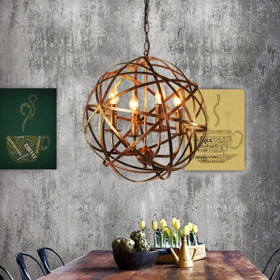 Brass 4 Lights Ceiling Pendant Vintage Metal Globe Chandelier Lighting for Dining Room