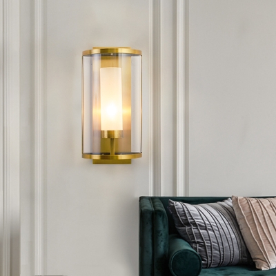 Clear Glass Gold Sconce Light Half-Cylinder 1 Head Colonial Wall Lighting Fixture for Bedroom