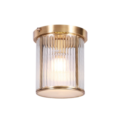 Colonial Cylindrical Ceiling Mounted Light Single Bulb Clear Prismatic Glass Flush Mount Light Fixture in Brass