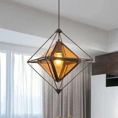 Colonial Diamond Shape Drop Pendant 1-Light Black/Gold/Amber Glass Ceiling Light Fixture with Exterior Iron Frame