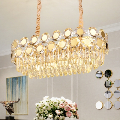 Crystal Block Oval Hanging Ceiling Light Postmodern 12 Heads Gold Island Light for Dining Room