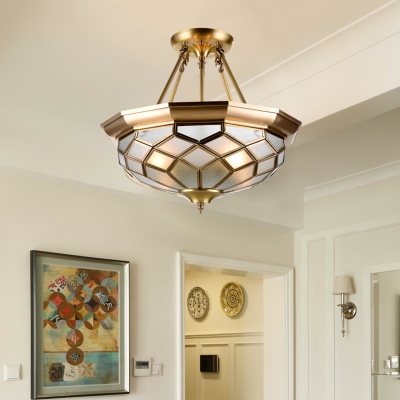 Frosted Glass Bowl Ceiling Lighting Colonial 3/4 Heads Dining Room Semi Flush Mount in Brass, 13