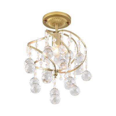 Golden Spiral Corridor Semi Flush Lamp Contemporary 1 Light Metallic Flush Ceiling Light Fixture with Crystal Drops