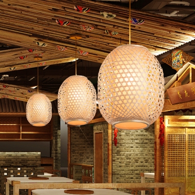 Handwoven Lantern Pendant Lamp Bamboo Asian Hanging Light Fixture with Fabric Shade