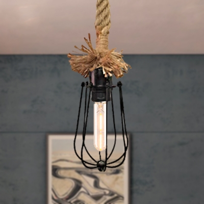 Industrial Bulb-Shaped Hanging Lamp Metal and Rope 1 Head Indoor Pendant Light with Wire Cage Shade in Black