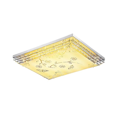 LED Ceiling Light Modern White Flush Mount Light with Rectangle/Square Crystal Rod and Acrylic Shade, 18.5