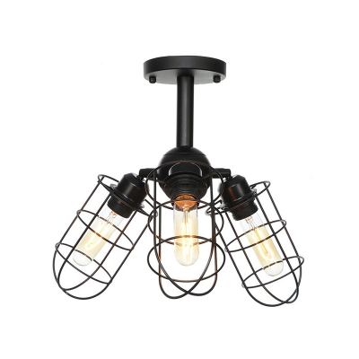 Metal Caged Semi-Flush Mount Light Farmhouse Style 3 Bulbs Black Semi Mount Lighting for Living Room
