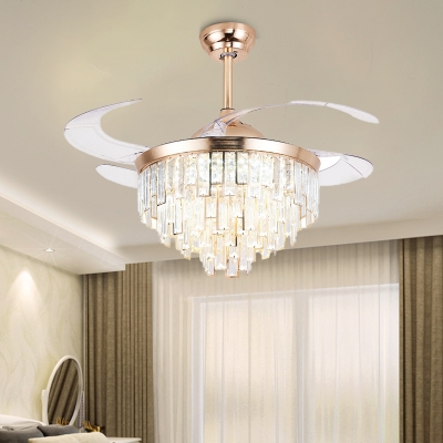 Modernist Tiered Ceiling Fan Light Cut Crystal Led Flush Mount Fixture in Gold with Remote Control