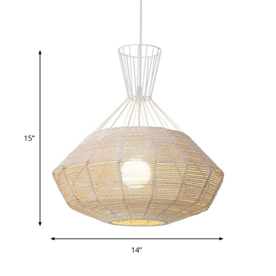 Nordic Caged Pendant Light with Diamond Shade 1 Light Metal and Rattan Hanging Lamp in White, 14