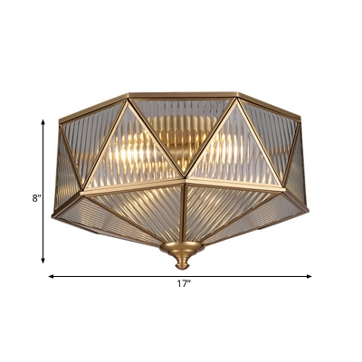 Octagon Ribbed Glass Flush Light Colonialism 4 Bulbs Bedroom Ceiling Fixture in Gold
