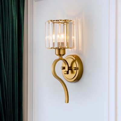 Postmodern Cylinder Sconce Light Rectangle-Cut Crystal 1 Light Wall Mount Light in Brass