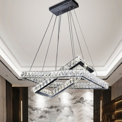 Rectangle Crystal Hanging Pendant Simple Style LED Black Ceiling Chandelier for Living Room