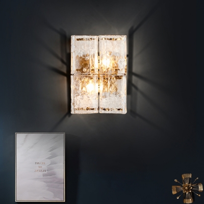Rectangle Wall Sconce Light with Clear Water Glass Shade Modernist 2 Lights Wall Mount Light in Gold for Bedroom