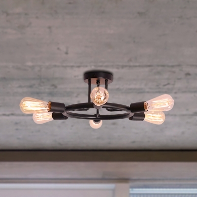 Round Semi Flush Light Industrial Metal 6 Lights Brass/Black Finish Ceiling Flush Mount with Open Bulb for Living Room