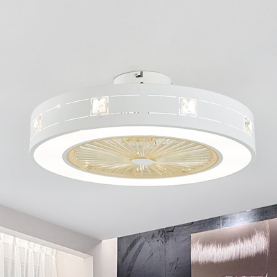 Round Square Flush Mount Lighting Modern Metal Led White Ceiling Fan Light With Crystal Accent Beautifulhalo Com - White Ceiling Fan With Light Fixture