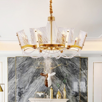 Textured Glass Panel Ceiling Chandelier with Crystal Beads Modern 6/8 Lights Hanging Light Fixture in Brass
