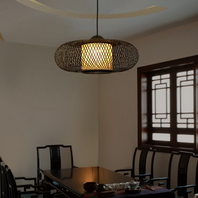 1 Head Oval Pendant Lamp Chinese Style Hand Knitted Bamboo Hanging Ceiling Light in Black/Wood