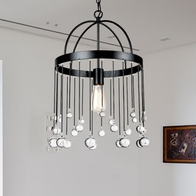 1-Light Ring Hanging Pendant Light Industrial Metal Foyer Suspension Lamp in Black with Crystal Ball