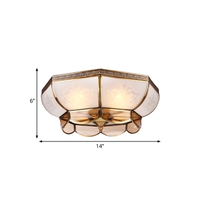 3/4 Bulbs Bowl Ceiling Mount Colonial Brass Mouth Blown Opal Glass Flush Light Fixture for Bedroom, 14
