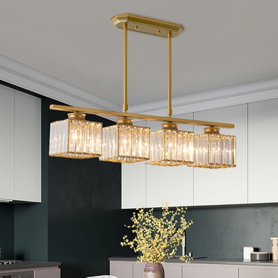 3/4 Lights Square Hanging Ceiling Light Modernism Clear Faceted Glass Dining Room Lighting in Black/Gold