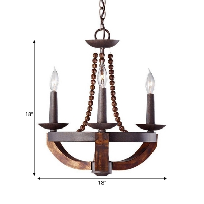 3 Lights Candle Style Pendant Lighting Rustic Dark Wood Metal Chandelier for Dining Room