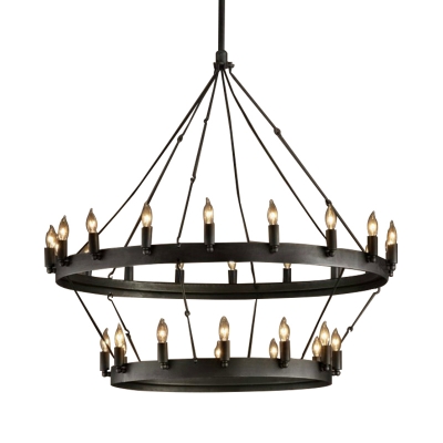 30 Lights Dining Room Hanging Light Vintage Black Chandelier Lamp with Candle Metal