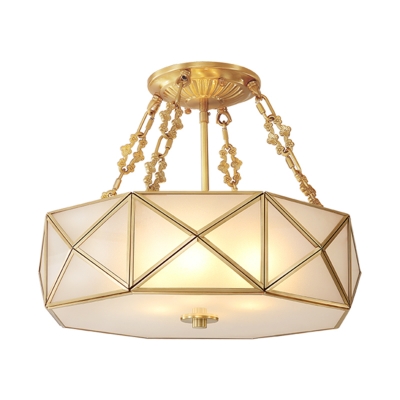 4 Bulbs Beveled Ceiling Flush Mount Colonial Brass Satin Opal Glass Semi Mount Lighting for Bedroom