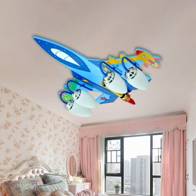 4 Heads Airplane Ceiling Fixture Nursing Room Boys Room Opal Glass Semi Flushmount in Chrome